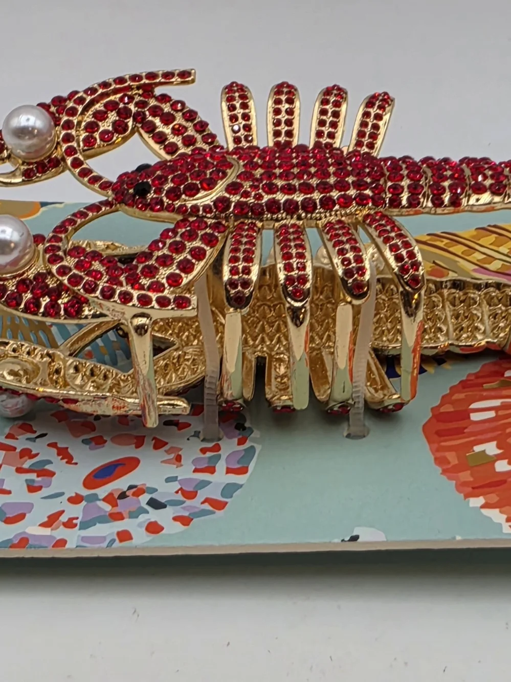 Piper Red Crystal Lobster Pin with Gold Tone & Pearl Accents